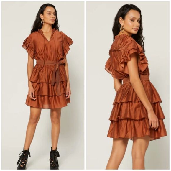 Current Air Flutter Sleeve Tiered Mini Dress Bronze Brown Belted - Picture 3 of 14